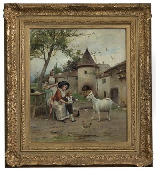 Mother And Son Feeding Goats - view 1