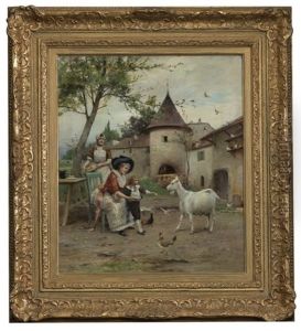 Mother And Son Feeding Goats by Emile Auguste Pinchart