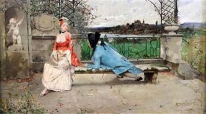 Lovers On A Terrace A Town Beyond by Emile Auguste Pinchart