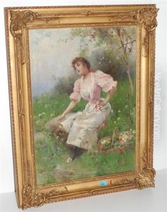 Junge Frau Mit Blumenkorb by Emile Auguste Pinchart