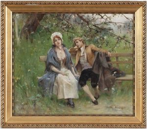 Scene Galante Sous Un Arbre En Fleurs by Emile Auguste Pinchart