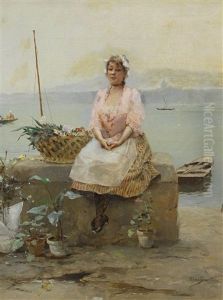 Blumenfrau Am Ufer Des Genfersees by Emile Auguste Pinchart