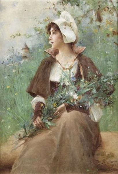 Jeune Femme Avec Bouquet De Fleurs - view 1