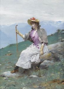 Bergwiese Mit Rastender Wandersfrau