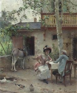 Gesprach Im Garten Mit Esel Im Hintergrund by Emile Auguste Pinchart