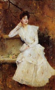 Elegante En Tenue De Mariee Sur Un Banc, En Automne
