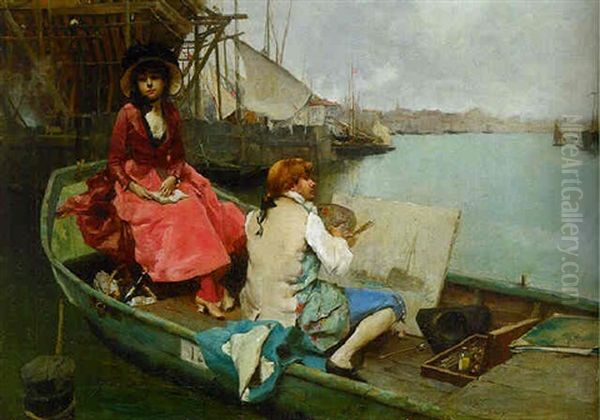 An Artist With A Lady In A Boat In A Harbour - view 1