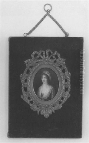 Portrait D'une Femme De La Cour De Saint-petersbourg En Robe De Soie Bleue Et Voile De Gaze Blanche. Coiffee De Fines Meches, Elle Porte Un Chapeau A Aigrettes - view 1