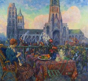 Jeune Femme Au Balcon, La Cathedrale De Rouen by Robert Antoine Pinchon
