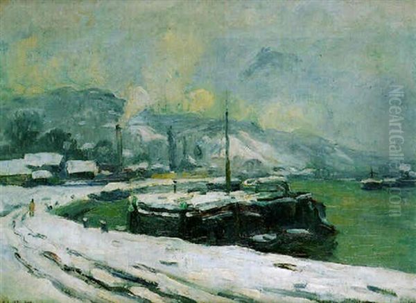 Peniches A Quai Sur La Seine En Hiver A Rouen - view 1