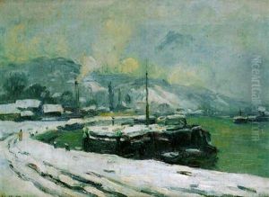 Peniches A Quai Sur La Seine En Hiver A Rouen by Robert Antoine Pinchon
