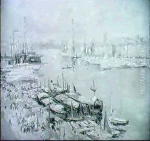 Le Pont Suspendu Et Les Peniches A Quai Dans Le Port De     Marseille by Robert Antoine Pinchon