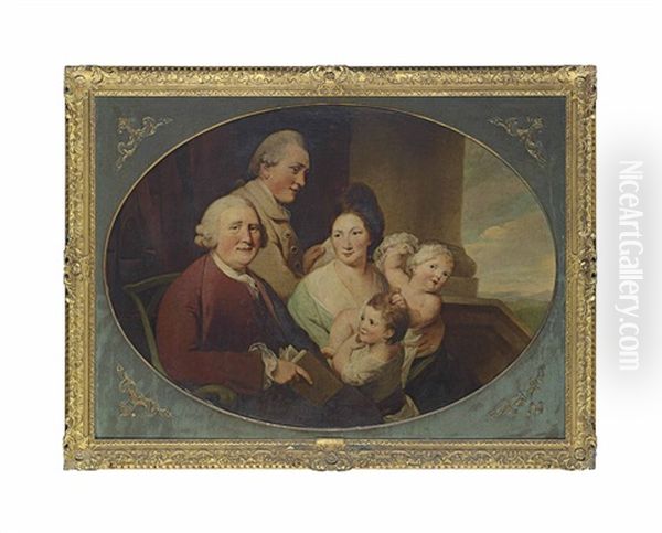 A Group Portrait, Thought To Be Richard Bentley (1708-1782), His Son By His First Wife, His Second Wife And Their Daughters On A Portico, Before An Organ And Draped Curtain, A Landscape Beyond - view 1