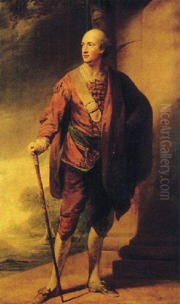 Portrait Of A Gentleman (david Garrick?) In A Red Jacket And Brown Cloak, A Walking Stick In His Right Hand, By A Column, A Landscape Beyond - view 1