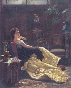 Jeune Femme A L'eventail by Louis Emile Pinel De Grandchamp