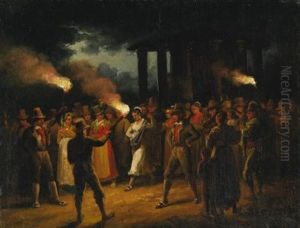 Revelers In Front Of The Temple Of Hercules, Rome by Bartolomeo Pinelli