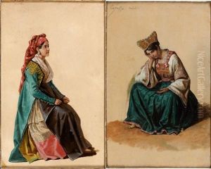 Jeune Fille Au Turban Rouge Et Jeune Fille Pensive (pair) by Edouard Pingret