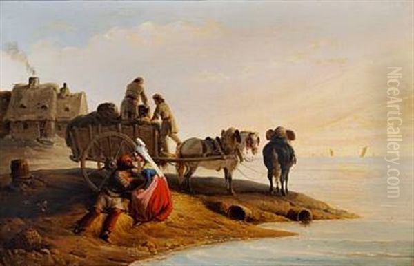 An Italian Couple Sitting On The Sea Shore Next To A Horse Carriage - view 1