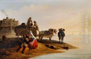 An Italian Couple Sitting On The Sea Shore Next To A Horse Carriage
