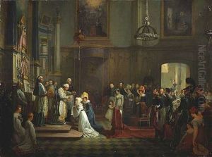 Kircheninterieur Mit Zahlreichen Festlich Gekleideten Gottesdienstbesuchern, Die Einer Kommunion Beiwohnen Kircheninterieur Mit Zahlreichen Festlich Gekleideten Gottesdienstbesuchern, Die Einer Kommunion Beiwohnen