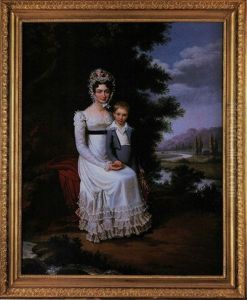 Mutter Und Sohn Beim Blumenpflucken Vor Tiefer Landschaft by Edouard Pingret