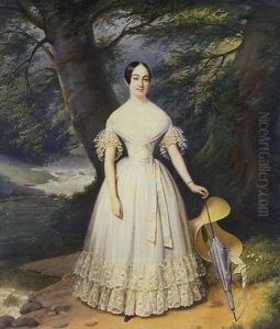 Portrait De Jeune Femme Dans Un Paysage De Riviere by Edouard Pingret
