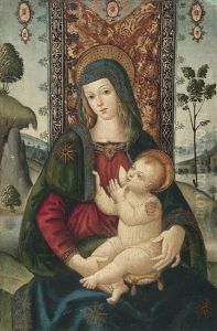Thronende Madonna Mit Kind In Einer Landschaft