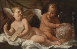 Zwei Gemalde Mit Putti, Die Wissenschaftliche Instrumente Halten, Als Allegorien Der Geometrie by Domenico Piola