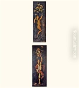 Putto A La Grappe De Raisin Surmonte D'un Bouquet De Fleurs (+ Putto Brandissant Une Composition De Fruits Au Bout D'une Lance; 2 Works) by Domenico Piola