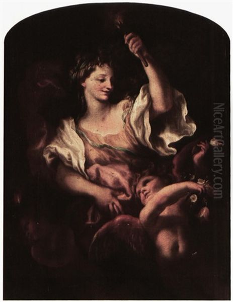 An Allegory With A Classically Dressed Female Figure Holdingtorch & 2 Putti, Possibly An Allegory Of The Element Of Fire - view 1