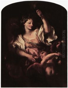 An Allegory With A Classically Dressed Female Figure Holdingtorch & 2 Putti, Possibly An Allegory Of The Element Of Fire by Domenico Piola