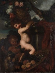 Putti Soulevant Un Vase De Fleurs Derriere Un Singe Jouant Avec Des Fruits