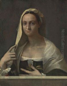 Portrait Of A Lady, Half-length, In A White Shawl And Headdress, At A Parapet by Sebastiano Del Piombo