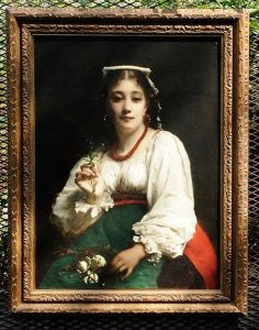 A Seated Italian Beauty Holding Flowers by Etienne Adolphe Piot