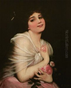 Beauty With Pink Roses by Etienne Adolphe Piot