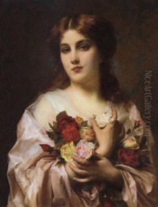 Portrait Of A Girl In A Pink Dress, Holding Some Roses by Etienne Adolphe Piot