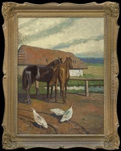 Horses In Front Of The Cottage by Antoni Piotrowski