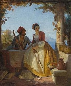 Liebespaar In Sorrent, Im Hintergrund Der Vesuv by Maksymiljan Antoni Piotrowski
