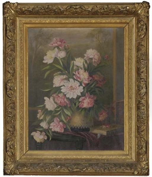 Peonies In A Vase With A Book To The Side, On A Table, A Landscape Beyond - view 1