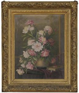 Peonies In A Vase With A Book To The Side, On A Table, A Landscape Beyond by Sophie Pir
