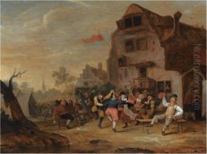 Peasants Dancing And Drinking Outside An Inn, A Church Towerbeyond by Hendrick Hendricksz. Bogaert