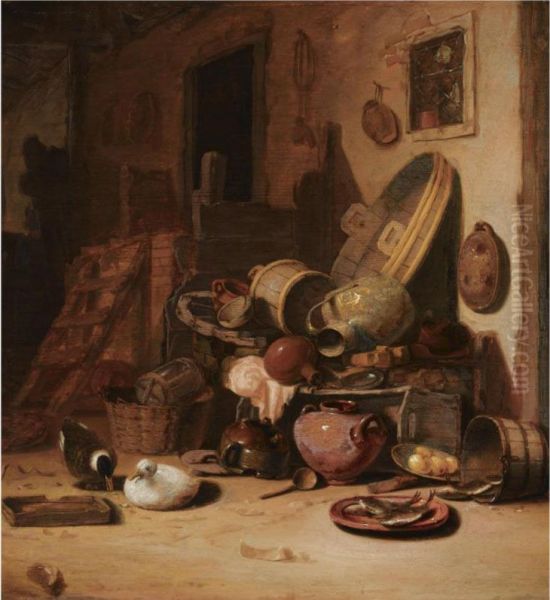 A Still Life Of Earthenware Pots, Barrels, Baskets, Jugs, Anearthenware Plate With Fish, Together With Ducks, In A Barn - view 1