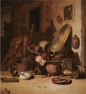 A Still Life Of Earthenware Pots, Barrels, Baskets, Jugs, Anearthenware Plate With Fish, Together With Ducks, In A Barn