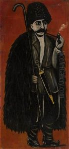 Shepherd In A Felt Cloak Against A Red Background by Niko Pirosmani