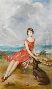 Portrait Of A Young Girl With Her Dog By The Sea