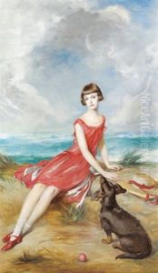 Portrait Eines Madchens Mit Hund, Vor Einer Dunenlandschaft