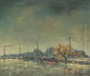 River Landscape With Moored Boats by Theo Bogaert