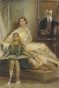 Bildnis Hanna Pirsch-fieke Und Tochter Ada, Im Hintergrund Ein Selbstportrait Des Kunstlers by Adolf Pirsch