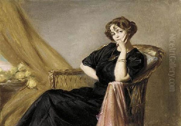 Portrait Of A Lady Seated In A Wicker Chair Beside A Bunch Of Yellow Roses - view 1