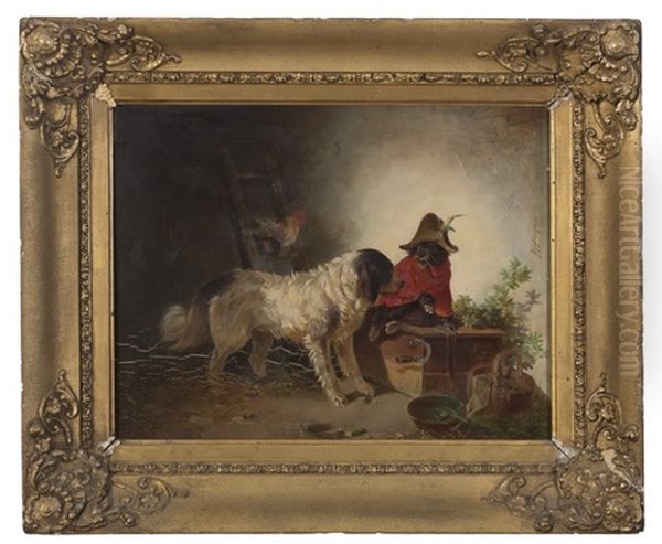Two Dogs In A Barn, One In Costume And Sitting On A Trunk - view 1